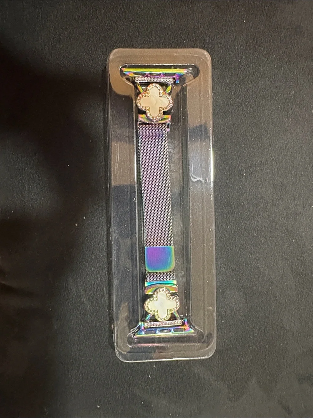 Iridescent Metal Mesh Watch Band with Clover Accents